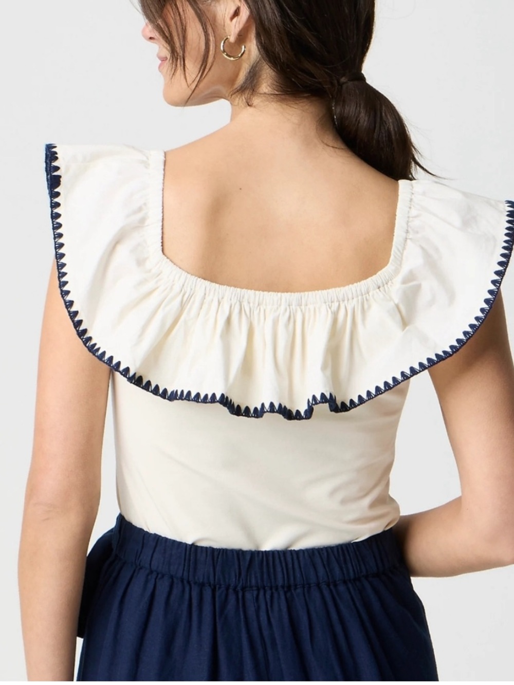 Blanket Stitch Off Shoulder Top Ivory Navy Blue detail stitching L JCrew Factory